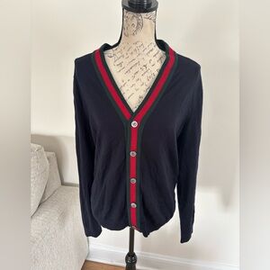 100% authentic Gucci Navy Blue Web Striped Rib Knit Buttoned Cardigan size S